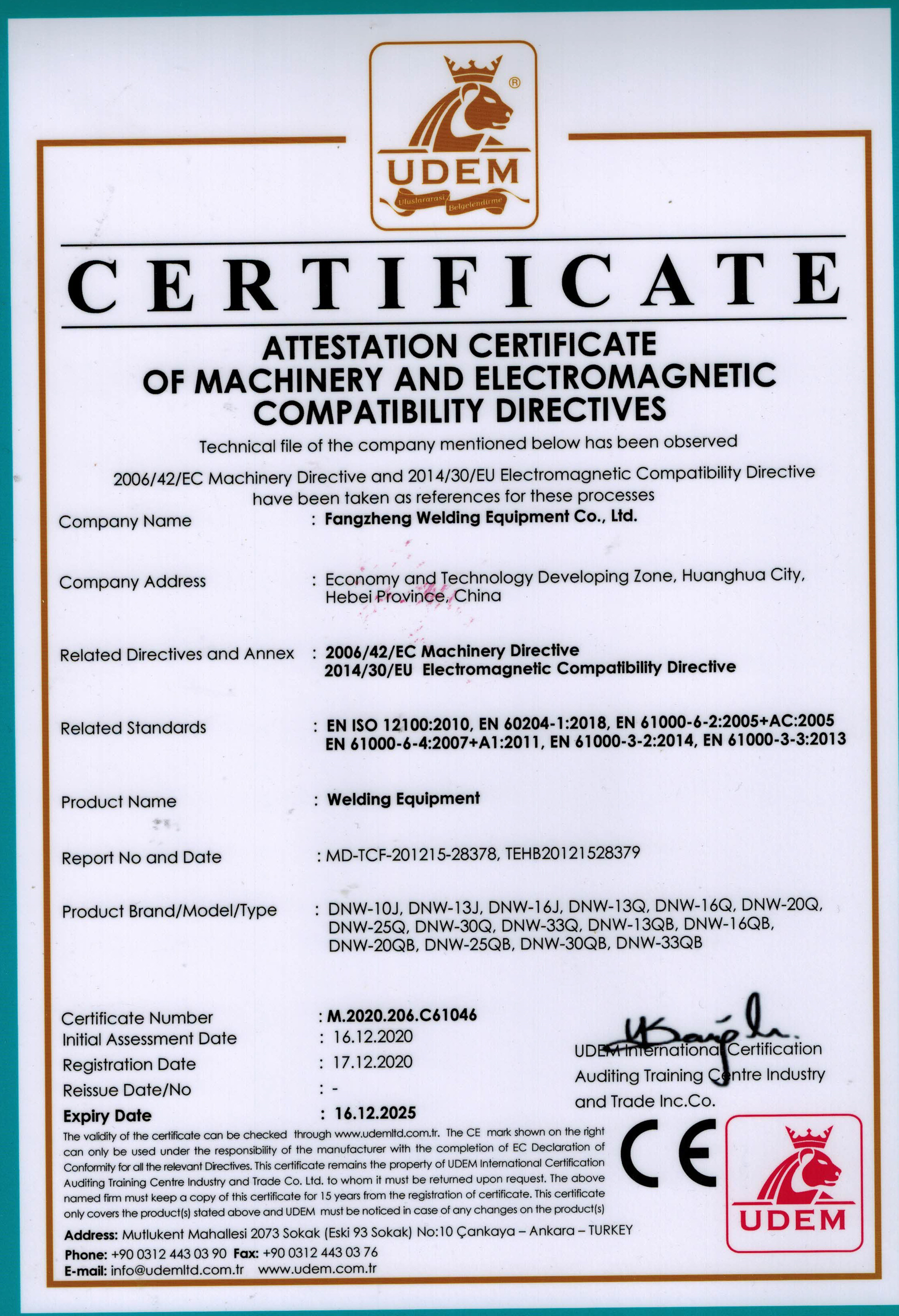 Chine Huanghua Fangzheng Welding Equipment CO., Ltd Certifications